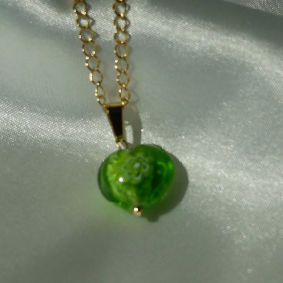 Green heart lampwork pendant gold chain non tarnish jewelry waterproof necklace - Picture 3 of 5